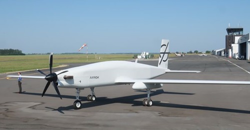 As the largest UAV to be built in France, the scale of the Aarok is apparent in this image of the aircraft parked next to a Turgis & Gaillard employee.