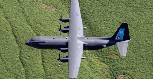 One of the three Hercules that took part in the type's farewell flypast manoeuvres through the Welsh valleys as the trio made their way around the UK.