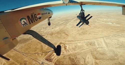 A still from the PMF video shows the Mohajer-6 UAV flying over Martyr Majid al-Tamimi Air Base (Camp Speicher).