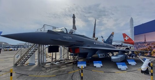 A mock-up of the Eurofighter Typhoon featuring Halcon II livery displayed at the Paris Air Show 2023.