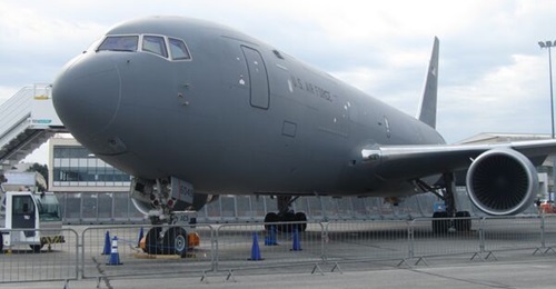 A US Air Force KC-46A Pegasus tanker-transport featured in the US Department of Defense corral at the Paris Air Show 2023.