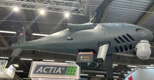 Schiebel Camcopter S-100 unmanned aerial vehicle fitted with the Riegl VQ-840-G laser mapping device at the Paris Air Show 2023.