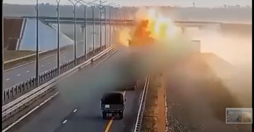 A screenshot from a video shared by the Wagner paramilitary group's social media accounts shows its convoy seemingly being hit with an airstrike.