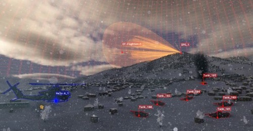 A screenshot of BSI's ARMOR Unity-based 3D viewer for the Modern Air Combat Environment showing radar beam shape, scan pattern, and threat zones in a ground attack scenario.