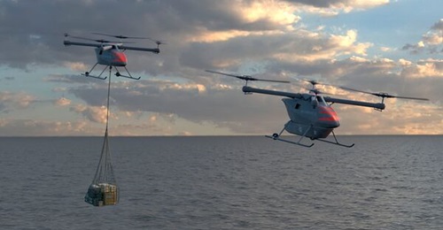 A rendering of Kaman's Kargo UAV, meant for cargo delivery via a conformal pod or external sling load.