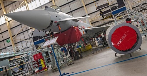 Typhoon aircraft ZK355/BS116 alongside an ECRS Mk 2 radar model in the test and evaluation hangar at BAE Systems in Warton.