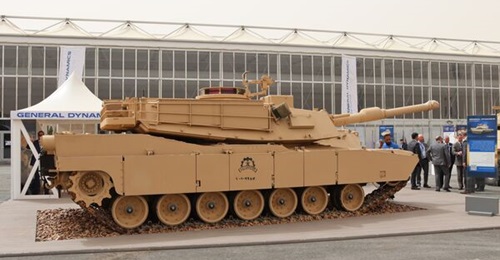 A Saudi M1 Abrams tank is displayed at the World Defense Show 2022 in Riyadh.