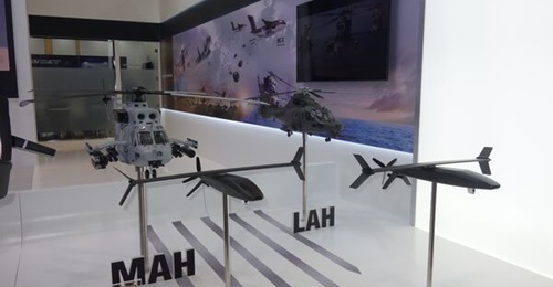 Models of the KAI Marine Attack Helicopter and the KAI Light Armed Helicopter are displayed alongside ALEs at the IDEX 2023 exhibition in Abu Dhabi.