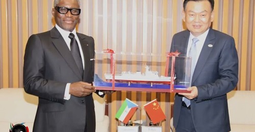 Equatorial Guinea's Vice-President Teodoro Nguema Obiang Mangue is presented with a model ship during a visit to CSSC on 5 July.