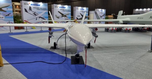 A model of the DP16 UAV displayed at the Defense & Security show in Bangkok in August 2022. ATIL used the DP16 to test-fire laser-guided bombs on 13 July.