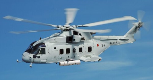 An illustrative view of the MCH-101 helicopter with the Northrop Grumman airborne laser mine detection system. The aircraft type has since conducted deck landing trials on a Mogami-class frigate.
