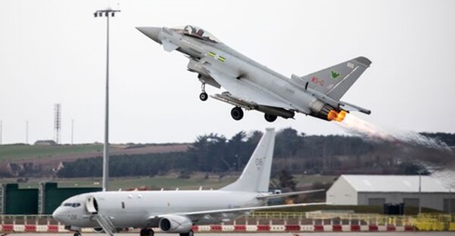 An RAF Typhoon departs RAF Lossiemouth in Scotland earlier in 2023, bound for NATO air-policing duties over the Baltic region. The outbreak of war in Ukraine in February 2022 has massively increased the operational demands on the fleet.