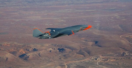 The MQ-28A Ghost Bat unmanned aerial vehicle is pictured during a flight over Woomera, South Australia.