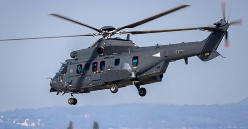 One of the first two of 16 H225M helicopters for Hungary departing Airbus' Marignane production facility in southern France.
