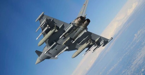 A Luftwaffe Eurofighter equipped with a pair of AIM-120 AMRAAM missiles on its central underwing pylons, which it carries in conjunction with the MBDA Meteor missiles on the underfuselage recessed hardpoints.