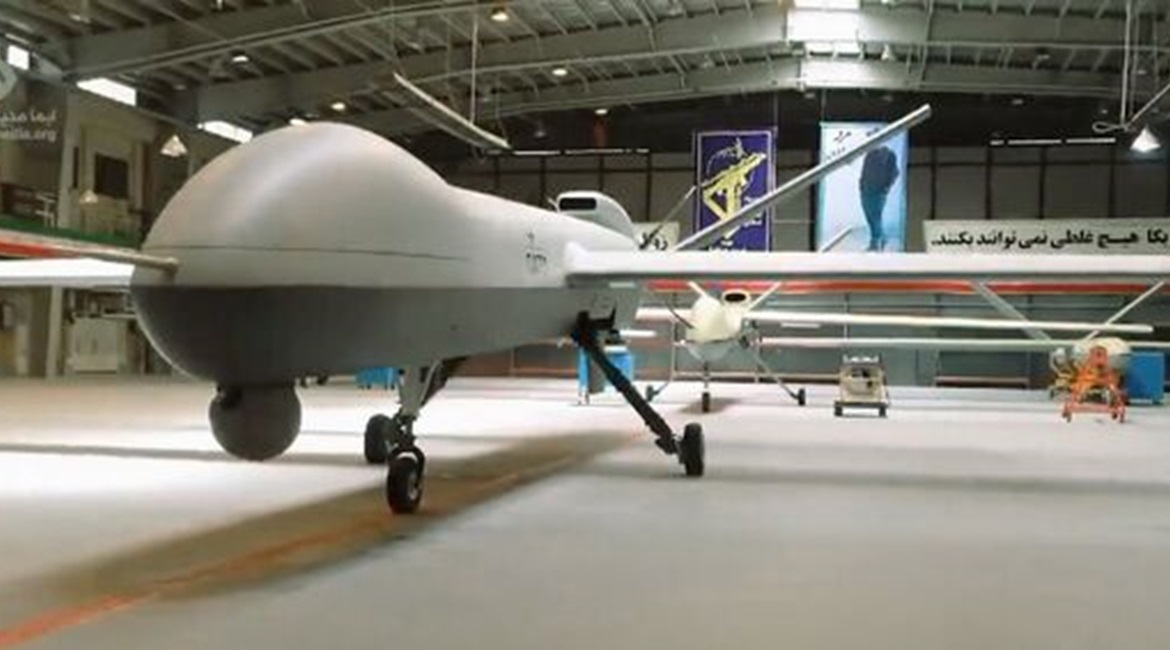A screenshot showing the Gaza UAV unveiled by Iran. The footage shows the air vehicle to be similar in appearance and size to the US-built MQ-9A Reaper