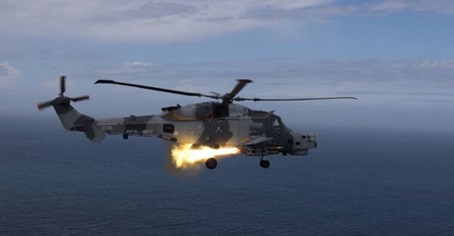 A Leonardo Wildcat HMA2 helicopter firing a Thales Martlet multirole missile during recent trials.