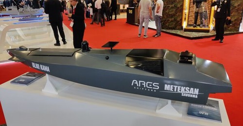 A model of the new Ulaq Kama X-USV on display at IDEF 2023.