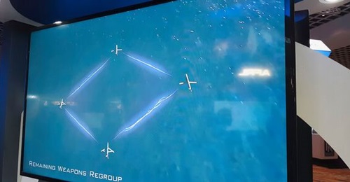 SDB1 bombs connecting during the AFRL's Golden Horde networked collaborative weapons video on display at AFA Winter 2020 on 27 February 2020 in Orlando, Florida. The AFRL is working to avoid duplication among the many unmanned aerial vehicle programmes...