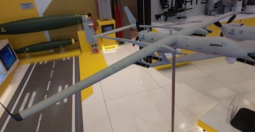 A model of GIDS' new MALE UAV - Shahpar III - on display at IDEF 2023.