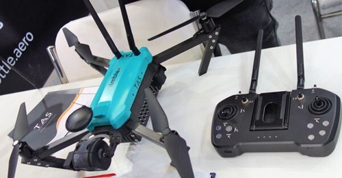 TAS nimble-i micro-UAV along with handheld controller displayed at the Drone International Expo 2023 in New Delhi, India.
