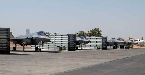 F-35A fighters at an undisclosed location that could be identified as Jordan's Shahid Muwaffaq al-Salti Air Base.