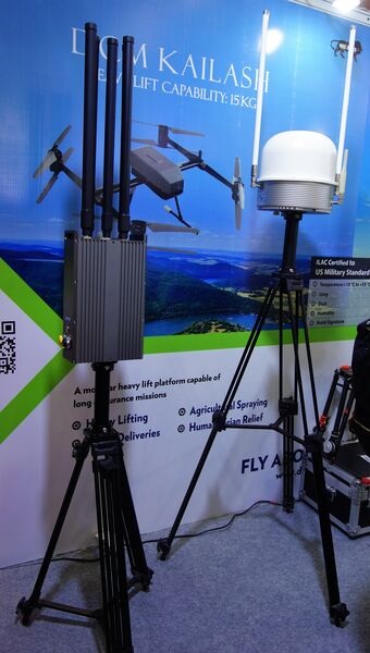 DCM Shriram CUAS at Drone International Expo 2023. Pictured are the RF detector and jammer.