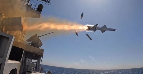 An Exocet MM40 Block 3 missile launched from KRI 
        
         in the Java Sea on 31 July.