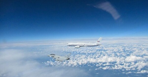 An RAF Typhoon alongside one of the 50 Russian military aircraft intercepted during the service's record-breaking stint on the NATO Baltic Air Policing mission.