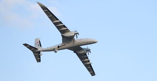 A Bayraktar Akinci flies at Çorlu during the ceremony marking the delivery of the first ones to the Turkish Air Force in August 2021.
