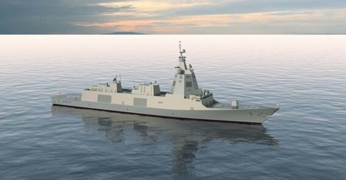 An artist's rendering of the F-110 design. In terms of role and capability, the ship is intended to fit between the 2,500 tonne, 94 m BAM offshore patrol vessels (OPVs) and the 5,800 tonne, 147 m F-100 frigates.