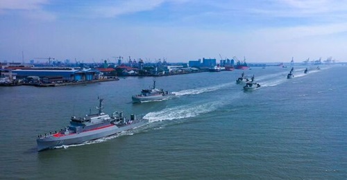 The Indonesian Navy's new MCMVs, seen here leading a sail pass at the handover ceremony on 14 August.