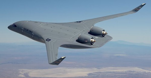 A conceptual image of JetZero's blended wing body aircraft.