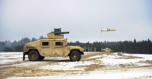 A BGM-71F TOW 2B missile is fired from a US Army 4×4 High Mobility Multipurpose Wheeled Vehicle during an exercise at Joint Multinational Training Command in Grafenwoehr, Germany.