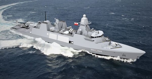 A computer-generated image of the final configuration of the Polish Navy's first Miecznik frigate.