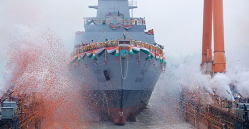 , the sixth Project 17A frigate on order for the Indian Navy, seen here at its launch ceremony.