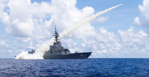 The Royal Australian Navy Hobart-class destroyer, HMAS 
        
        , firing a Harpoon missile during Exercise 'Pacific Vanguard 2022'. The class will soon be equipped with Tomahawk cruise missiles.
