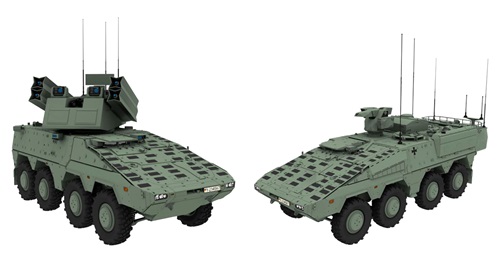 The Rheinmetall-Diehl-Hensoldt ARGE NNbS working group is offering FlaRakPz (left) and fire control (right) versions of the Boxer armoured vehicle for the Bundeswehr's mobile air defence.