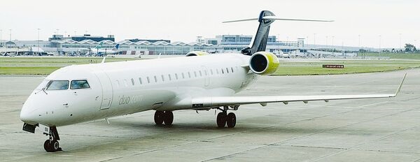 A Bombadier CRJ700, similar to the aircraft used during the DSaT demonstration during the US Army's EDGE 2023 technology experiments.