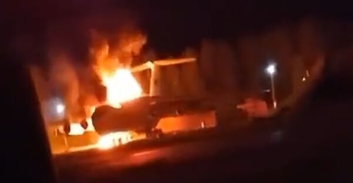 A screenshot from a video taken on 29 August, showing a Russian Il-76 'Candid' airlifter burning after a Ukrainian UAV attack on Pskov Air Base.