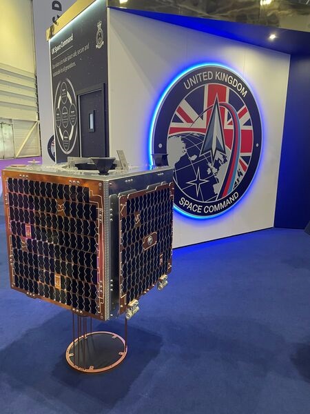 UK Space Command displays Tyche, an EO satellite being built by SSTL, at DSEI 2023.