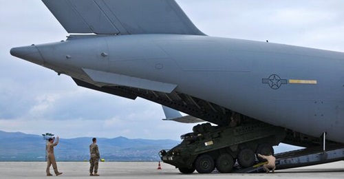 A US Army Stryker vehicle arriving at Burgas Airport, Bulgaria, on 29 March 2015 for training with NATO allies in support of Operation 'Atlantic Resolve-South'.