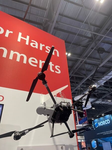 Drone Evolution's Sentinel tethered UAV, displayed at DSEI 2023, is suited for forward operating bases or border security.