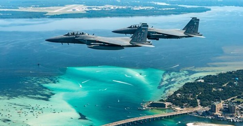 Two F-15EXs return from a test flight over the Gulf of Mexico on 2 August 2023.