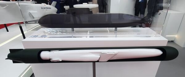 Submarine-launched Kongsberg Naval Strike Missile model and the TKMS Type 212CD submarine model on display at MSPO 2023.