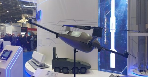 A model of IAI's Rotem Alpha (Rotem A) loitering munition at DSEI 2023. The munition features an anti-tank warhead from the company's LAHAT missile.