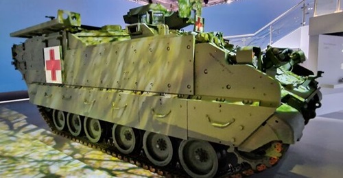 BAE Systems displayed the M1284 Medical Evacuation Vehicle (MEV) variant of the AMPV at DSEI in September 2023. This was the first time the AMPV had been publicly displayed overseas.