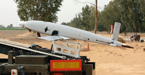 Elbit Systems' SkyStriker loitering munition mounted on its rail launcher.