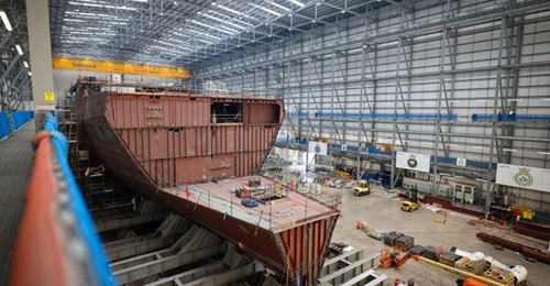 HMS 
        
         seen under construction in Rosyth in July 2023.