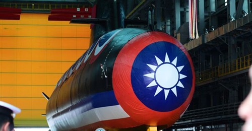 Taiwan's first locally built submarine is seen here before it was officially unveiled by President Tsai Ing-wen at the CSBC Corporation shipbuilding company in Kaohsiung on 28 September 2023.